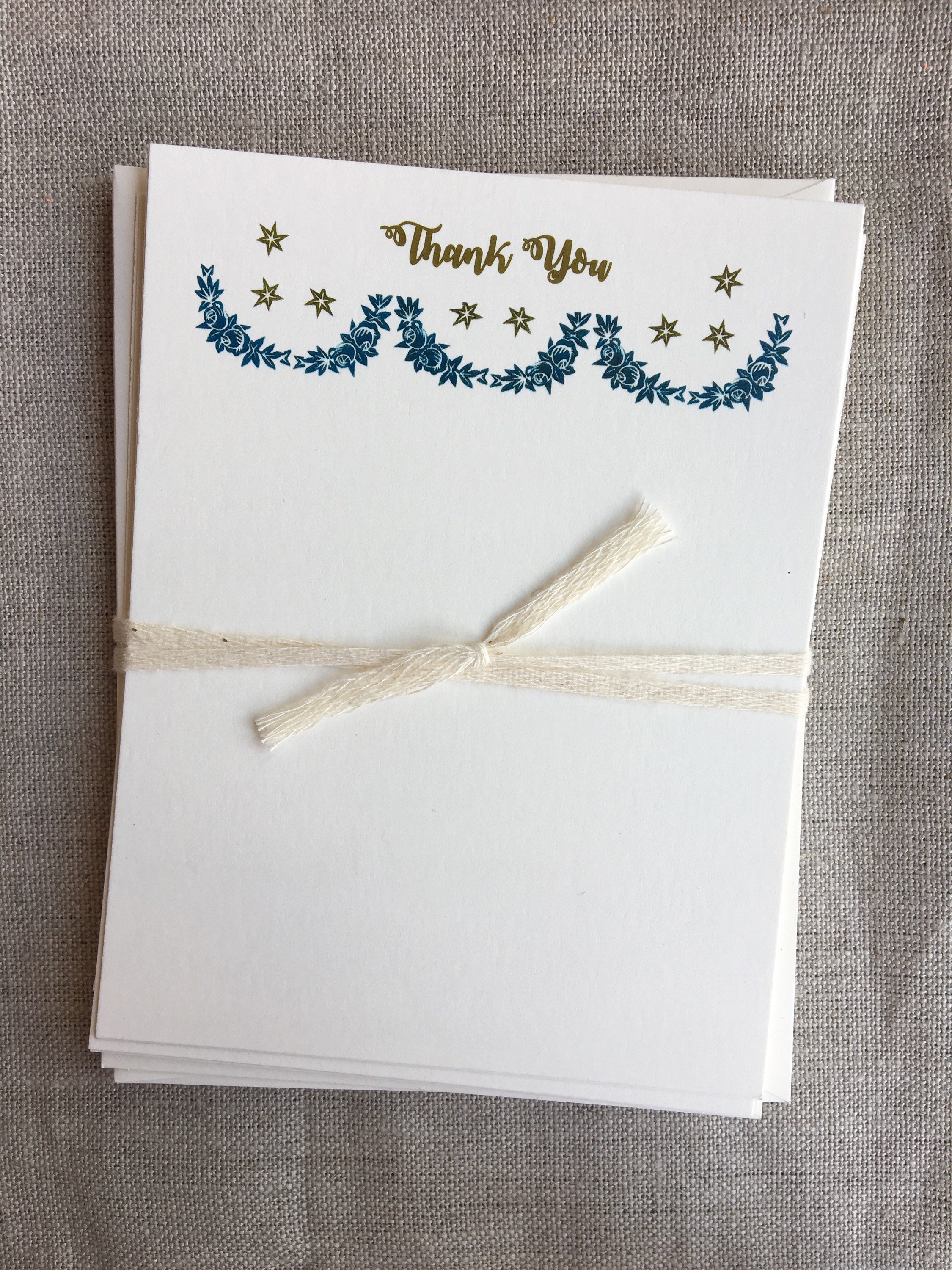 Set of 6, Hand Printed 'Thank You's', Festoon and Star Stationery, A2 Flat Cards with Matching Envelope - PARCEL