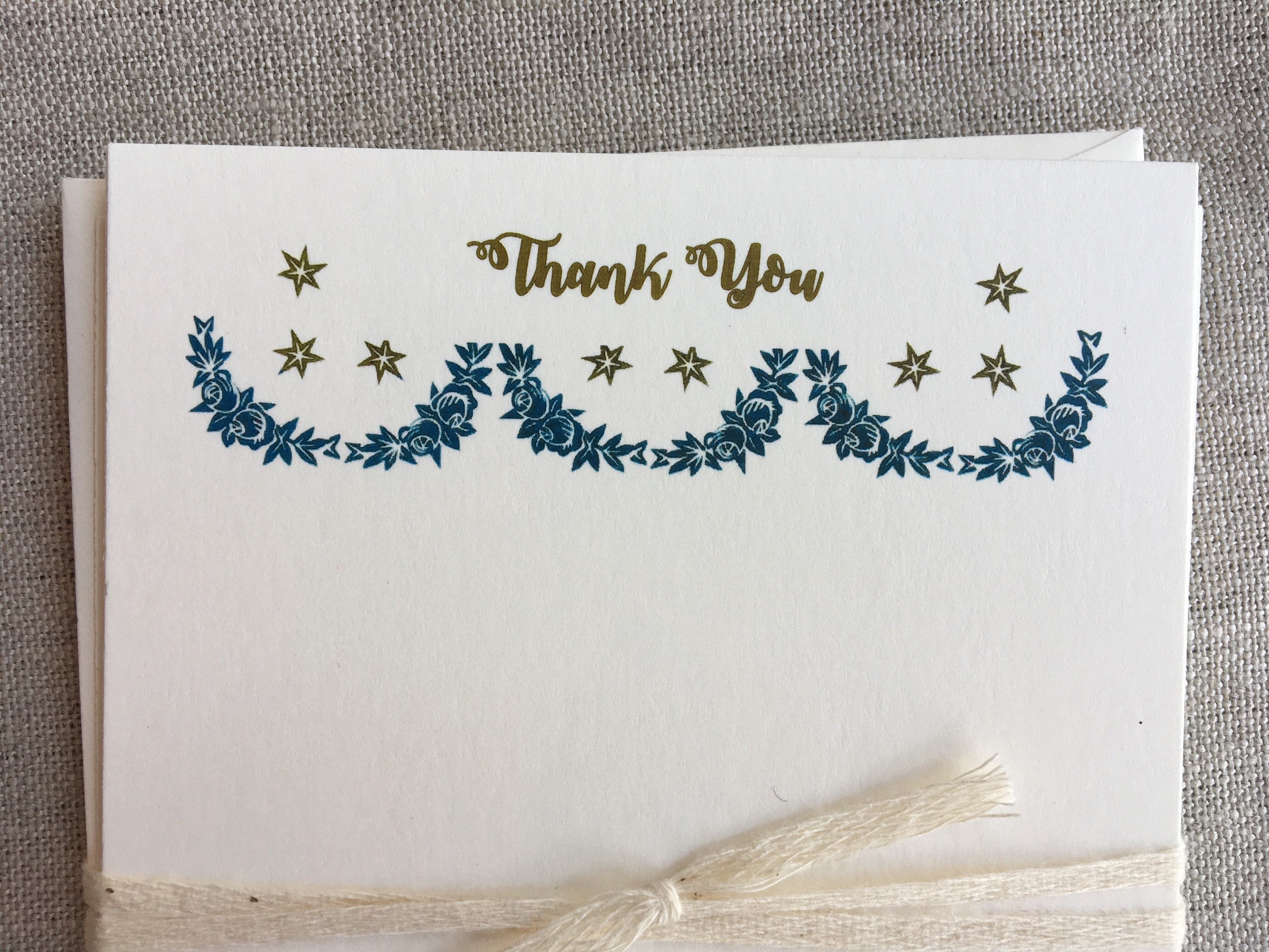 Set of 6, Hand Printed 'Thank You's', Festoon and Star Stationery, A2 Flat Cards with Matching Envelope - PARCEL