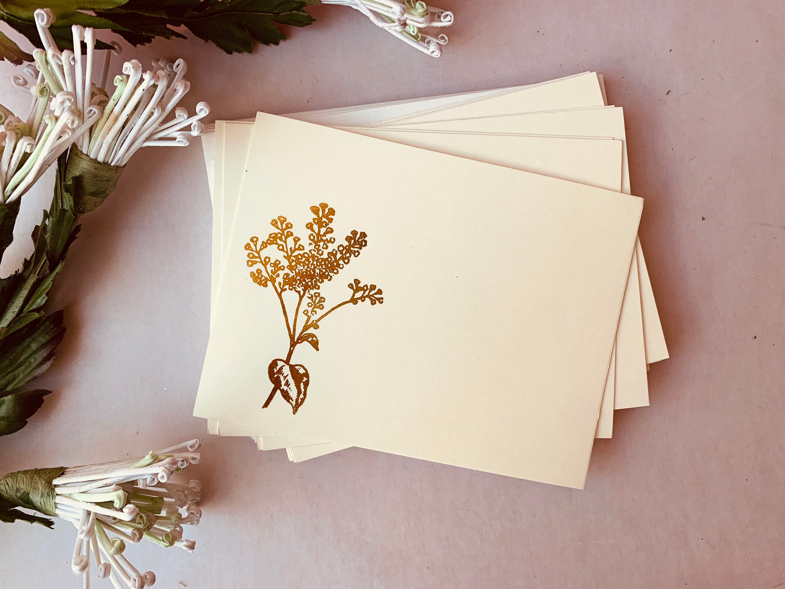 MADE TO ORDER, Hand Foil Pressed Stationery, Set of 6 Cards, Floral Sprays, Small or Large Flower - PARCEL